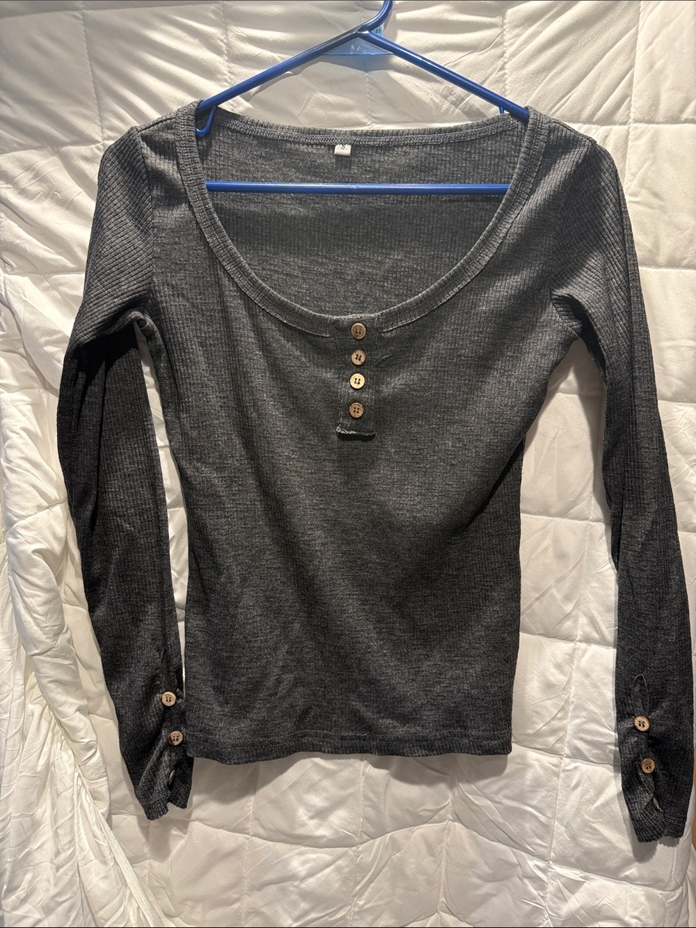 Women's Charcoal Scoop Neck Henley Top with Button Detail
Size s